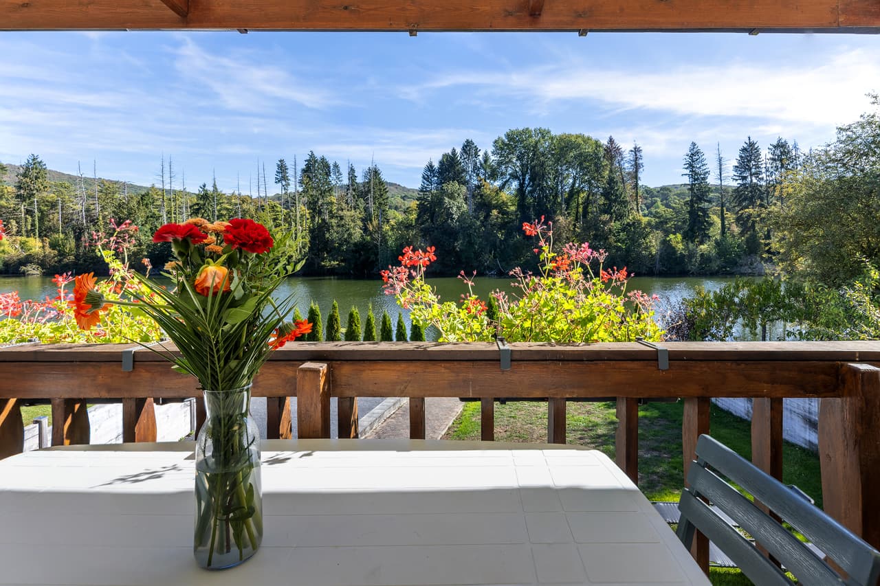 Bloemen op de balustrade van het terras, boven het water